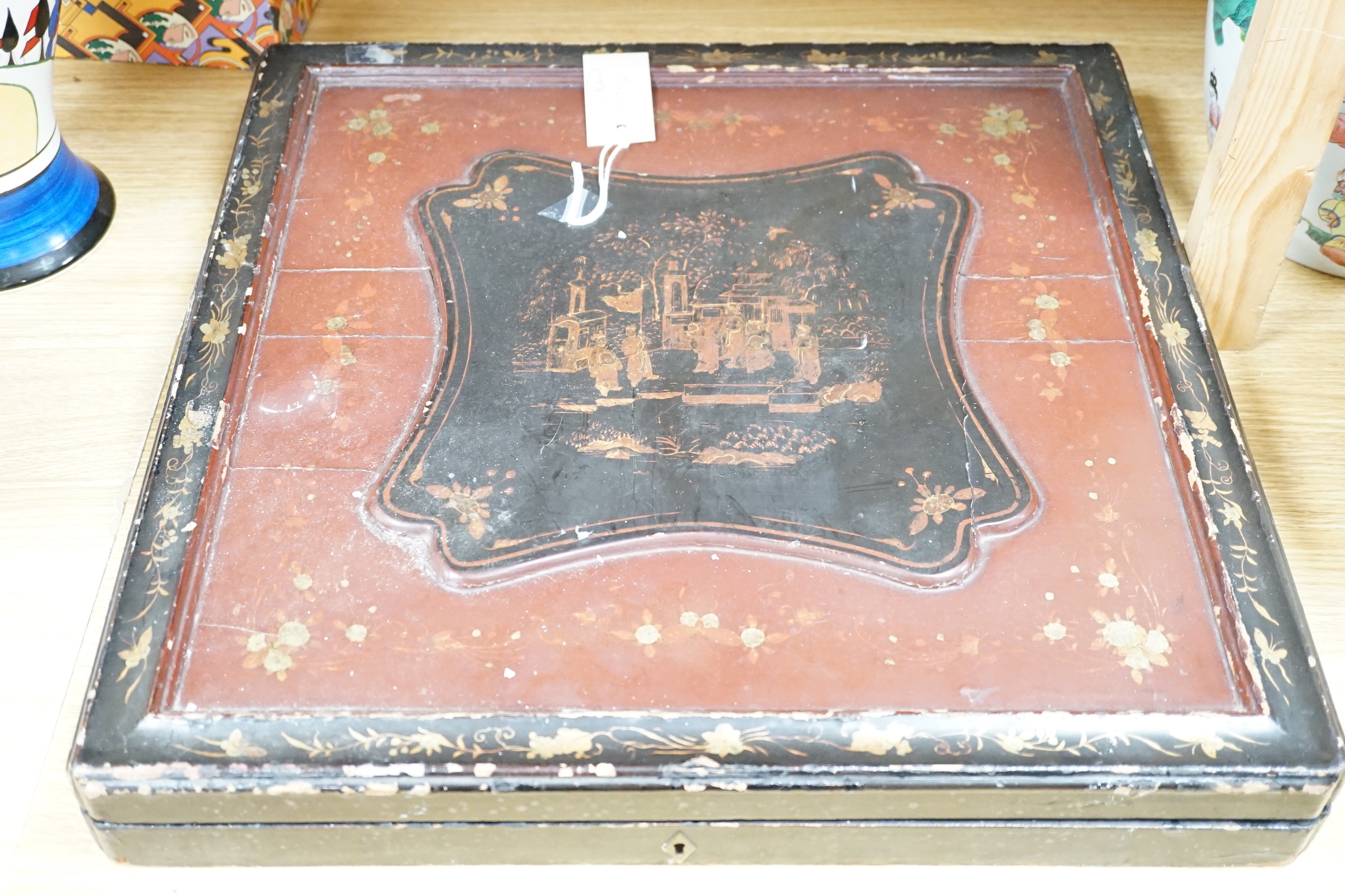 A 19th century Chinese painted panel, in a lacquered box, box 48 x 48cm Ivory Submission reference UW85TZQU